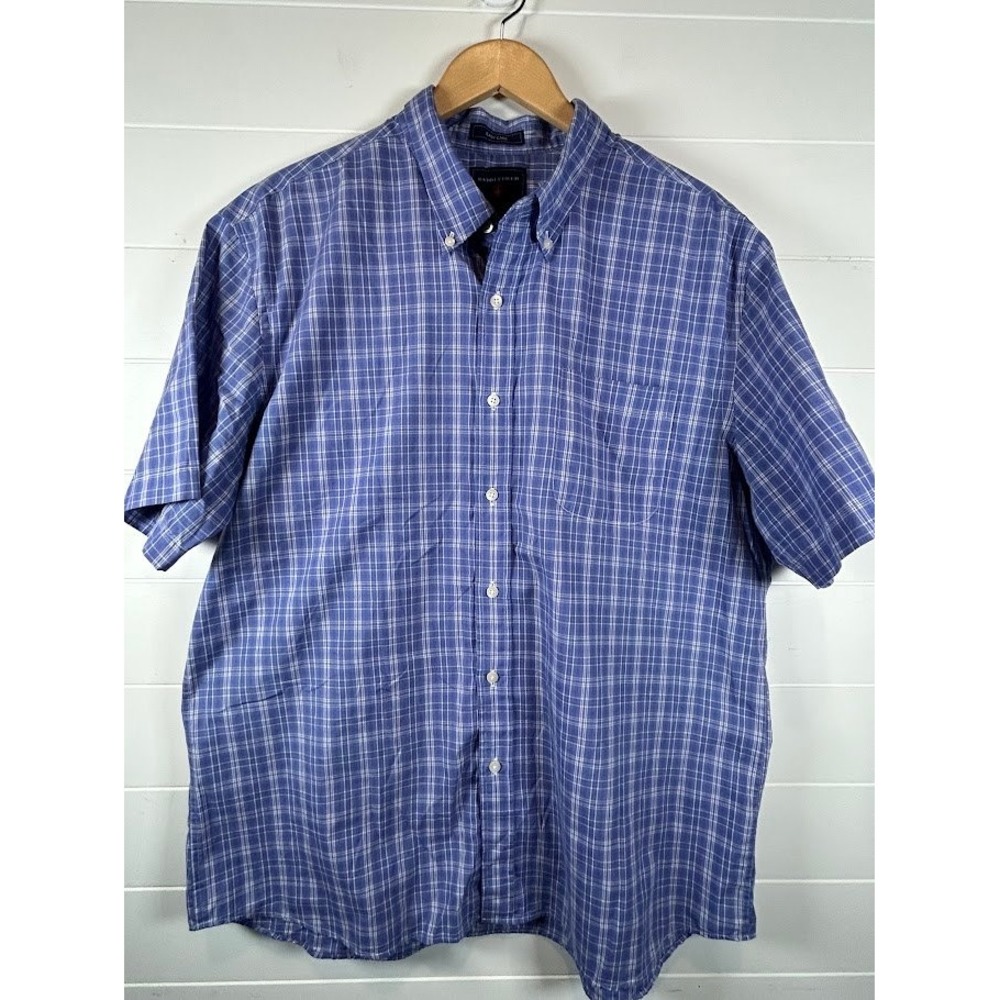 Saddlebred Mens XL Blue White Plaid Short Sleeve Easy Care Button Down Shirt